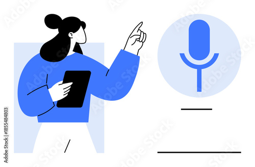 Voice recognition, virtual assistant, audio input, modern technology, AI interaction, smart devices. Woman holding a tablet, pointing at a microphone symbol. Voice recognition and virtual assistant