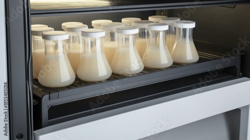 Erlenmeyer flasks inside incubator used for scientific experiments