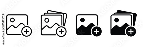 Add image icon, add picture icon, add photo icon, attach new image or picture, and edit album, vector symbols for digital apps and UI design
