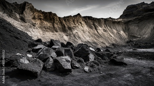 Erosion of land with fallen rocks creating treacherous slope