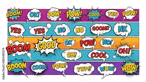 Collection of colorful comic book speech bubbles and sound effects in various styles