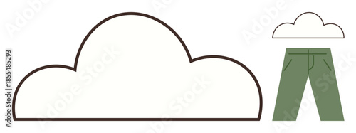 Large outlined cloud next to green pants creates a playful and humorous visual. Ideal for creativity, humor, abstract ideas, fashion, weather, surrealism, minimalism, simple flat metaphor