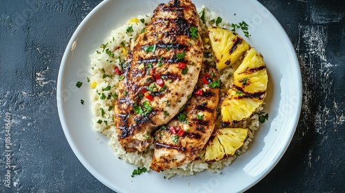 Grilled Caribbean Jerk Chicken and Pineapple Served on a Plate