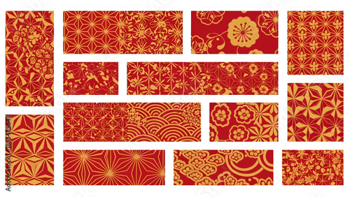 Collection of red and gold traditional Japanese patterns on rectangular backgrounds