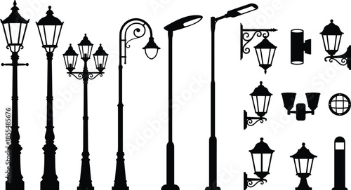 Street lamp silhouettes set, vintage lantern and modern streetlight designs, outdoor lighting collection isolated on white background vector illustration icons