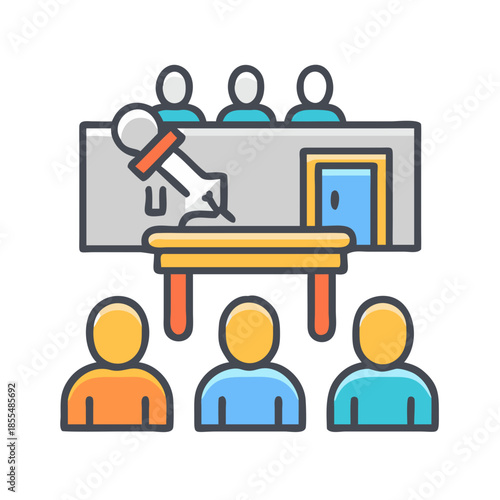 Conference with speakers, audience, and professional panel behind table