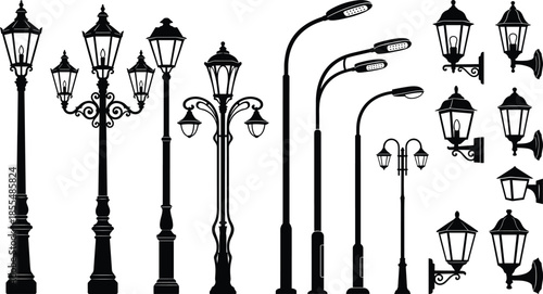 Street lamp silhouettes set, vintage lantern and modern streetlight designs, outdoor lighting icons isolated on white background vector illustration collection