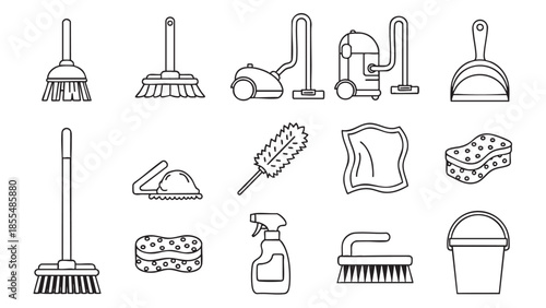 Collection of cleaning tools and supplies line icons isolated
