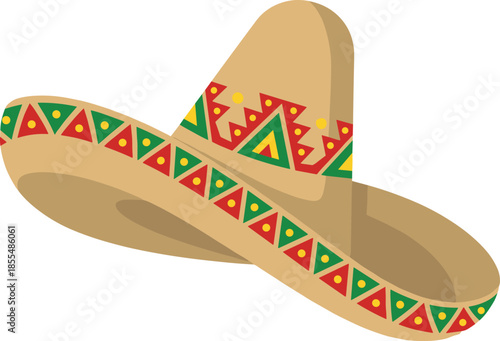 Traditional Mexican sombrero hat illustration, colorful geometric pattern design, festive cultural accessory, Cinco de Mayo celebration icon isolated white background