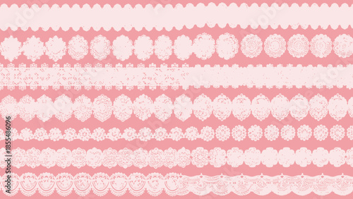 White lace patterns on pink striped background with intricate floral designs and borders.