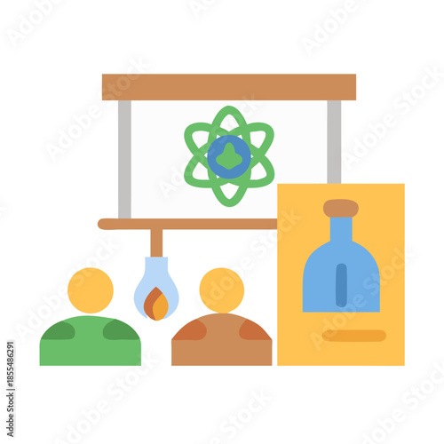 Science presentation with students and lab equipment graphic