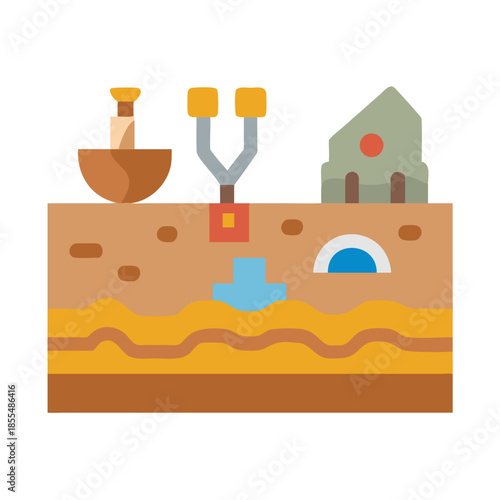 Geological ground layers with water mining tools and structure