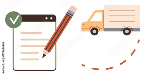 Document checklist with a pencil alongside a truck on a dotted route. Ideal for logistics, planning, delivery, organization, productivity, workflow, task management. Simple flat metaphor