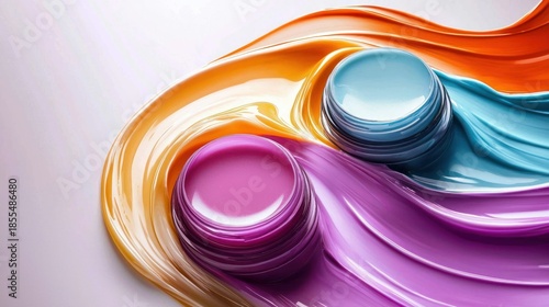 Two colorful, abstract shapes with a gradient of orange, purple, and blue, flowing and swirling in a dynamic pattern. 