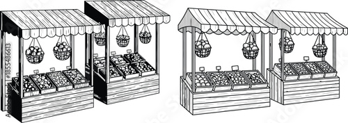 Handdrawn illustration featuring fruit market stands with various fruits, baskets, and signage in lineart style