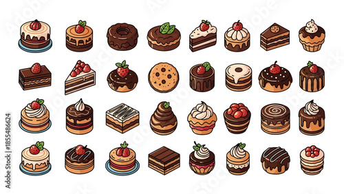 Assorted desserts including cakes, donuts, pancakes, and cupcakes with various toppings and fillings.