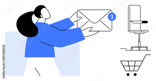 Digital communication, online shopping, office culture, notifications, productivity tools, remote work. Woman holding an envelope and a badge notification. Digital communication and online shopping