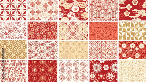 Collection of 16 traditional Japanese pattern designs in red, gold, and cream colors.