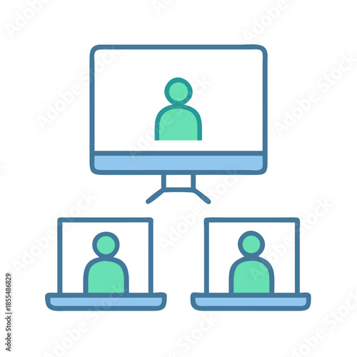 Online meeting illustration showing presentation and attendees in screens
