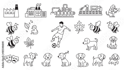 Cute icons collection with industry animals nature and sports elements isolated