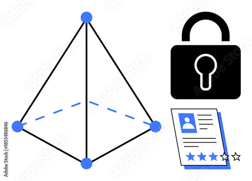 Geometric shape with nodes, padlock for security, profile document with rating. Ideal for privacy, digital identity, rating, networking, cybersecurity encryption authentication. Simple flat