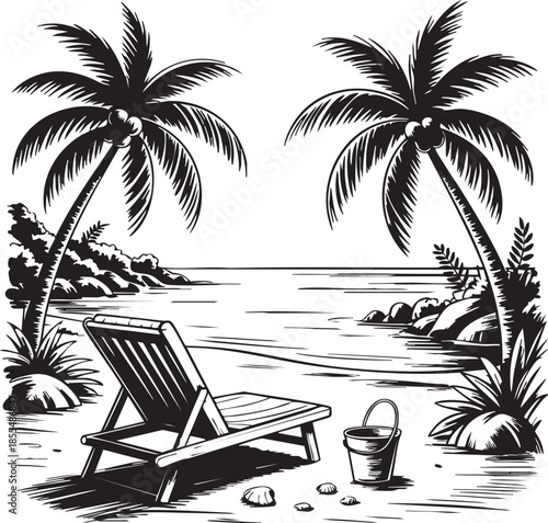 Ink drawing of a serene beach scene showcasing palm trees, a beach chair, and a calm ocean, creating a peaceful tropical getaway illustration