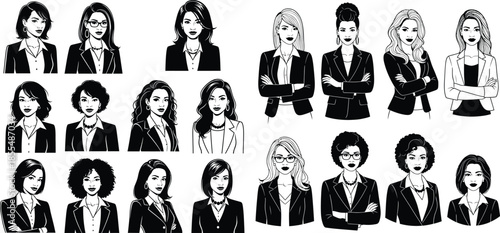 illustration featuring diverse professional women in business attire, in a line art style