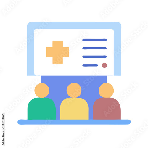Medical conference illustration with diverse audience and display screen