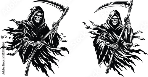 illustration featuring two grim reapers holding scythes, monochrome scary spooky designs