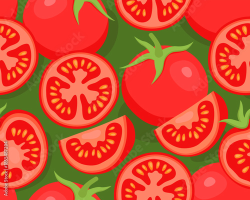 Seamless pattern, red tomatoes and tomato slices on a green background, fresh ripe vegetables, bright background.