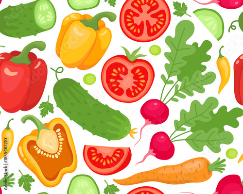 Seamless pattern, different vegetables on a white background. Sweet peppers, tomatoes, cucumbers, radishes and carrots, cute pattern for fabric, paper, print.
