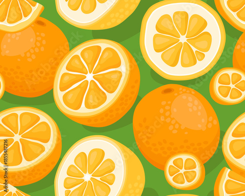 Seamless pattern, orange sweet oranges or tangerines on a green background, tropical citrus fruits, bright background.