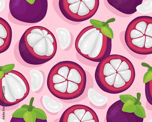 Seamless pattern, purple sweet mangosteens on a pink background, tropical exotic fruits, bright background.