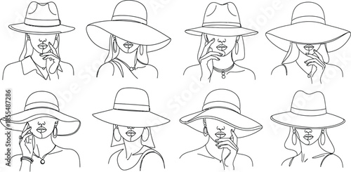 Line art collection of stylish women with elegant hats, jewelry, and hand gestures