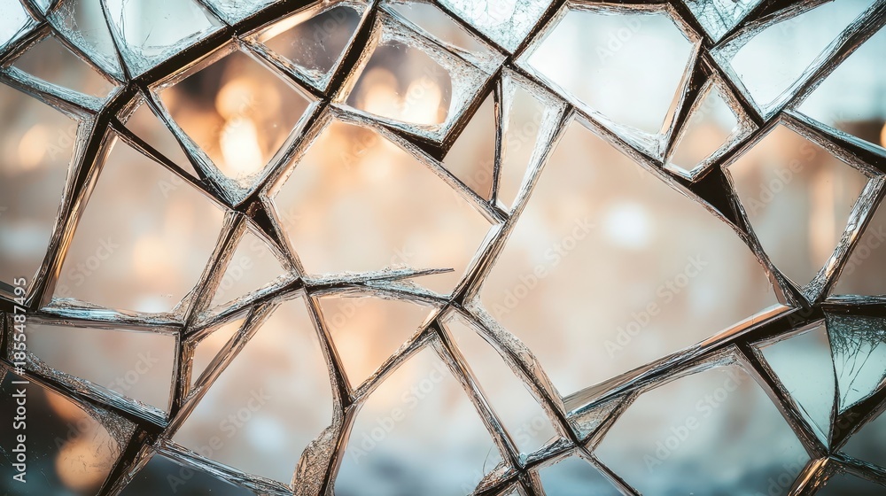 Fototapeta premium Shattered Mirror with Reflective Fragments Showing Bright Light