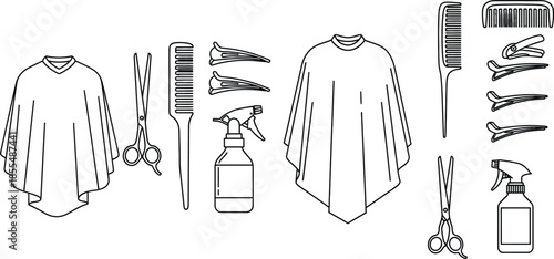 Line art illustration of barber tools, including gown, scissors, comb and hair spray