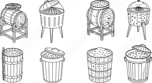 Line art illustration of diverse compost bin designs with organic waste inside, outlined
