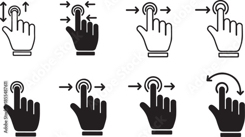 A set of hand icons demonstrating various touch gestures on a screen isolated on
