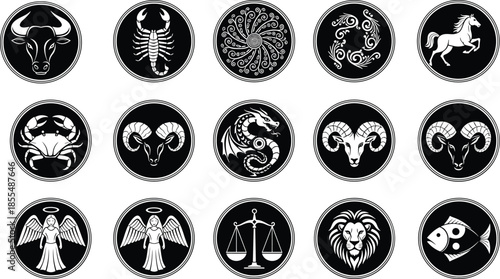 Zodiac astrology symbols set illustration, black and white horoscope signs icons, mystical celestial astrological collection, flat vector design isolated