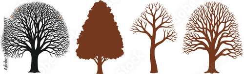 Stylized Tree Quartet with Dense, Conical, Sparse, and Rounded Forms – Botanical Silhouettes for Structural Diversity