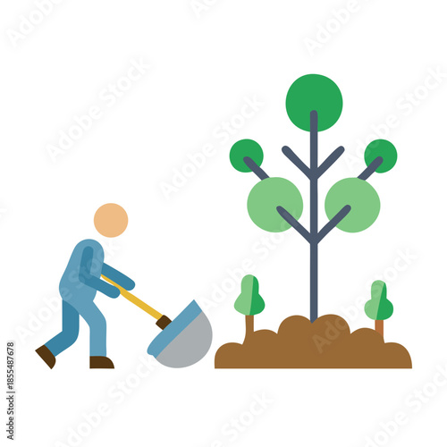 Planting trees gardener with shovel, flat illustration style