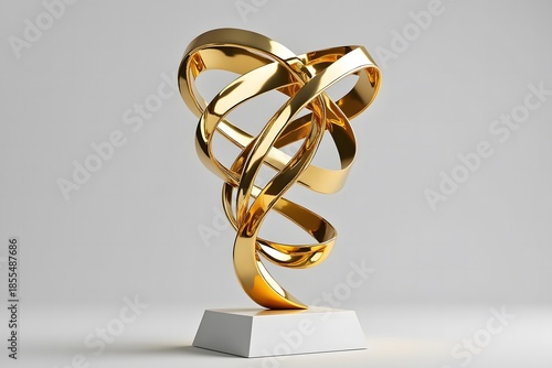 A modern gold abstract sculpture trophy on a clean white pedestal