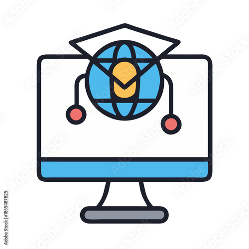 Online education icon depicting global learning and graduation hat