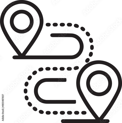 Black and white line icons of location pins connected by dotted lines on