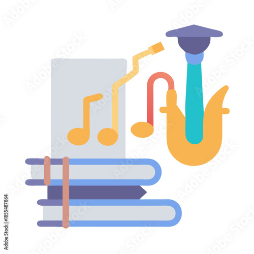 Stack of books and saxophone symbolizing music education concept