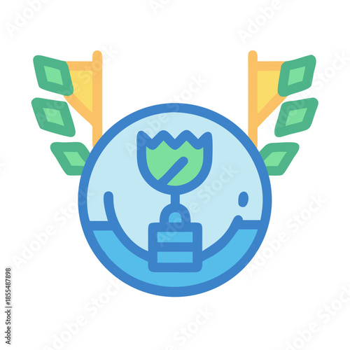 Flat style trophy icon surrounded by laurel wreath