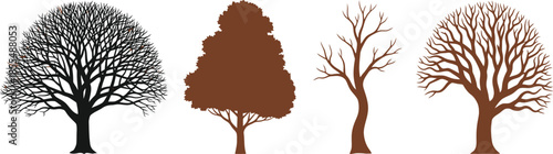 Stylized Tree Quartet in Black and Brown – Botanical Silhouettes of Seasonal and Structural Diversity