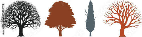 Stylized Tree Quintet in Red, Brown, Yellow, Green, and Black – Botanical Silhouettes for Seasonal and Species Diversity