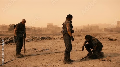 Desolate expedition: Squad navigating post-apocalyptic wasteland scenery