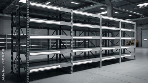 Modern empty industrial storage racks in a vast warehouse facility ready for inventory and logistics